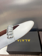 ALAIA MARY JANE FLATS 25S IN WHITE CALFSKIN WITH SILVER HARDWARE