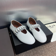 ALAIA MARY JANE FLATS 25S IN WHITE CALFSKIN WITH SILVER HARDWARE
