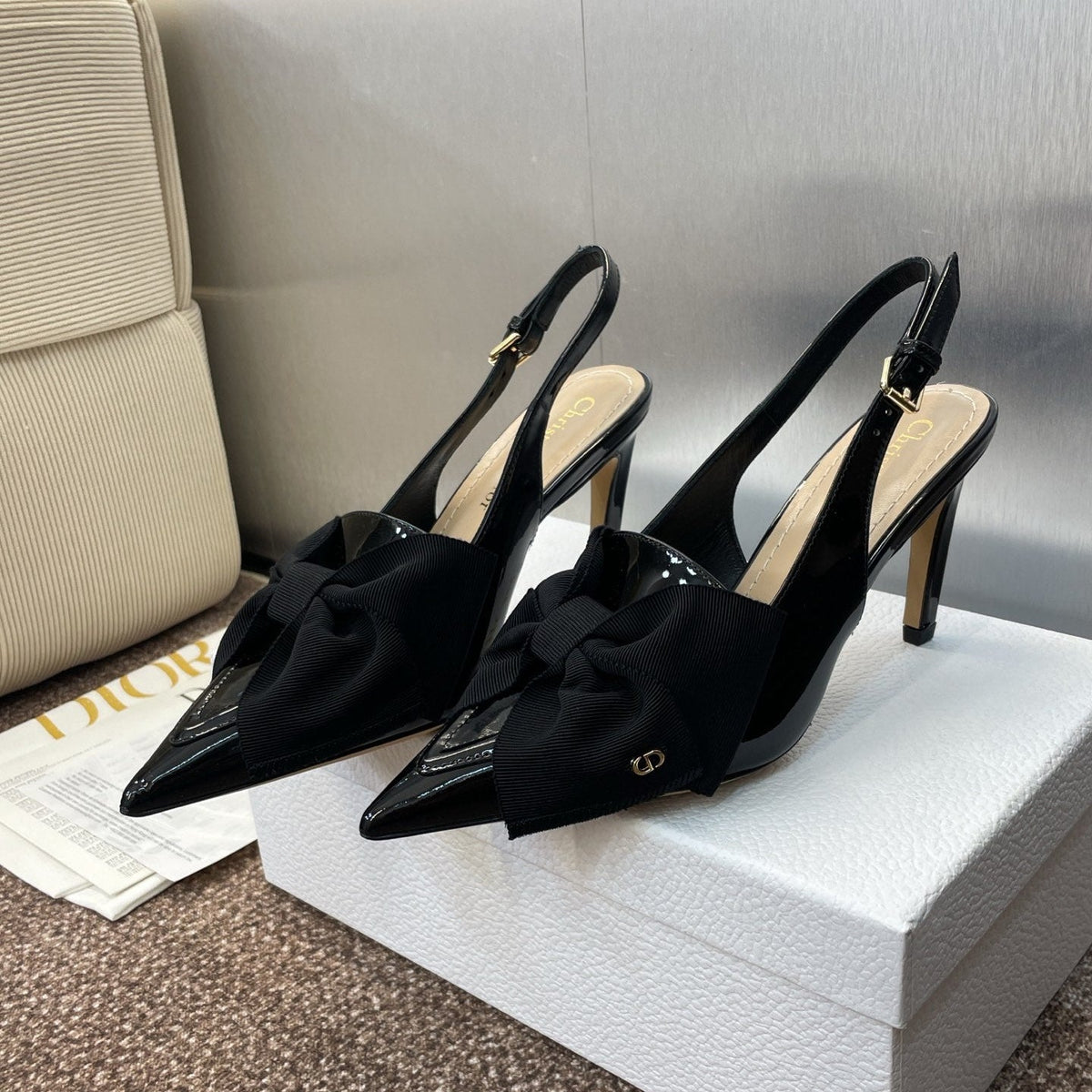 DIOR 25S SLINGBACK PUMP 80MM IN BLACK PATENT CALFSKIN AND GROSGRAIN