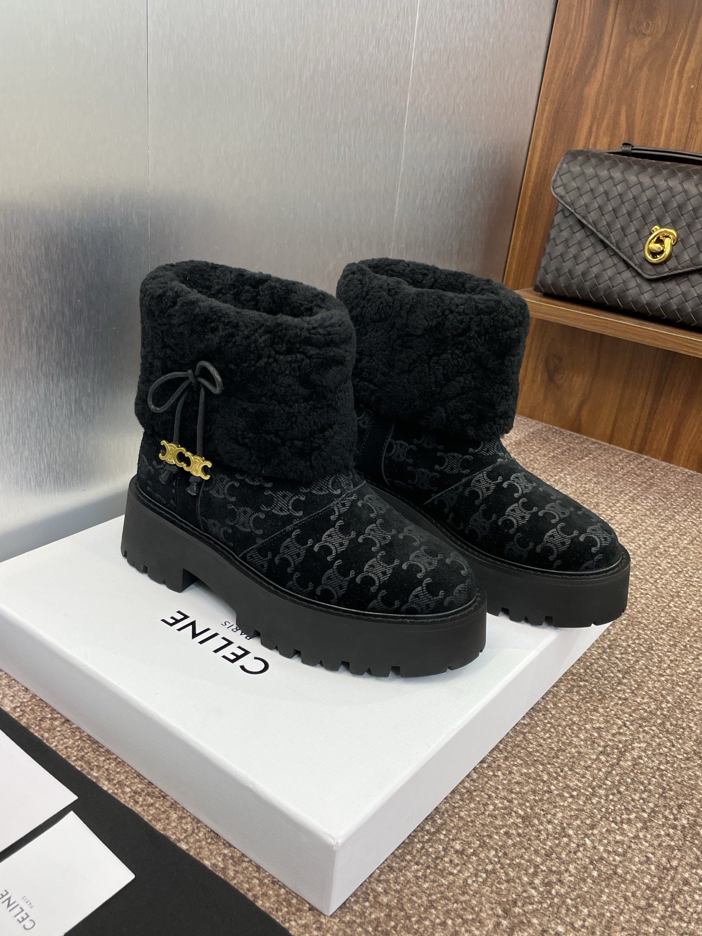 CELINE 26S ANKLE BOOTS 45 MM IN BLACK SUEDE AND WOOL