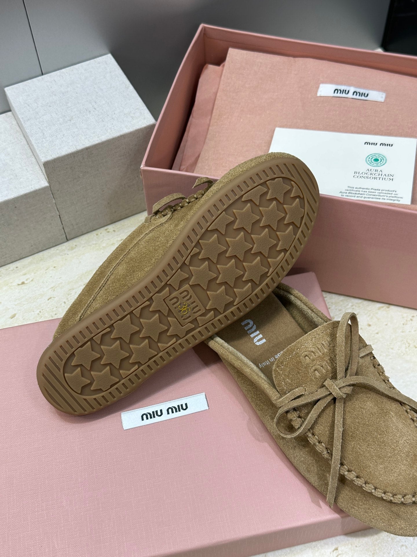 MIUMIU 26S SNEAKER MULES IN OLIVE BROWN SUEDE WITH BOW