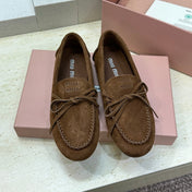 MIUMIU 26S LOAFERS IN DARK BROWN SUEDE WITH BOW
