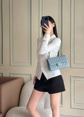 CHANEL 25S CLASSIC FLAP BAG 25 CM IN SLATE BLUE GRAY LAMBSKIN WITH GOLD HARDWARE