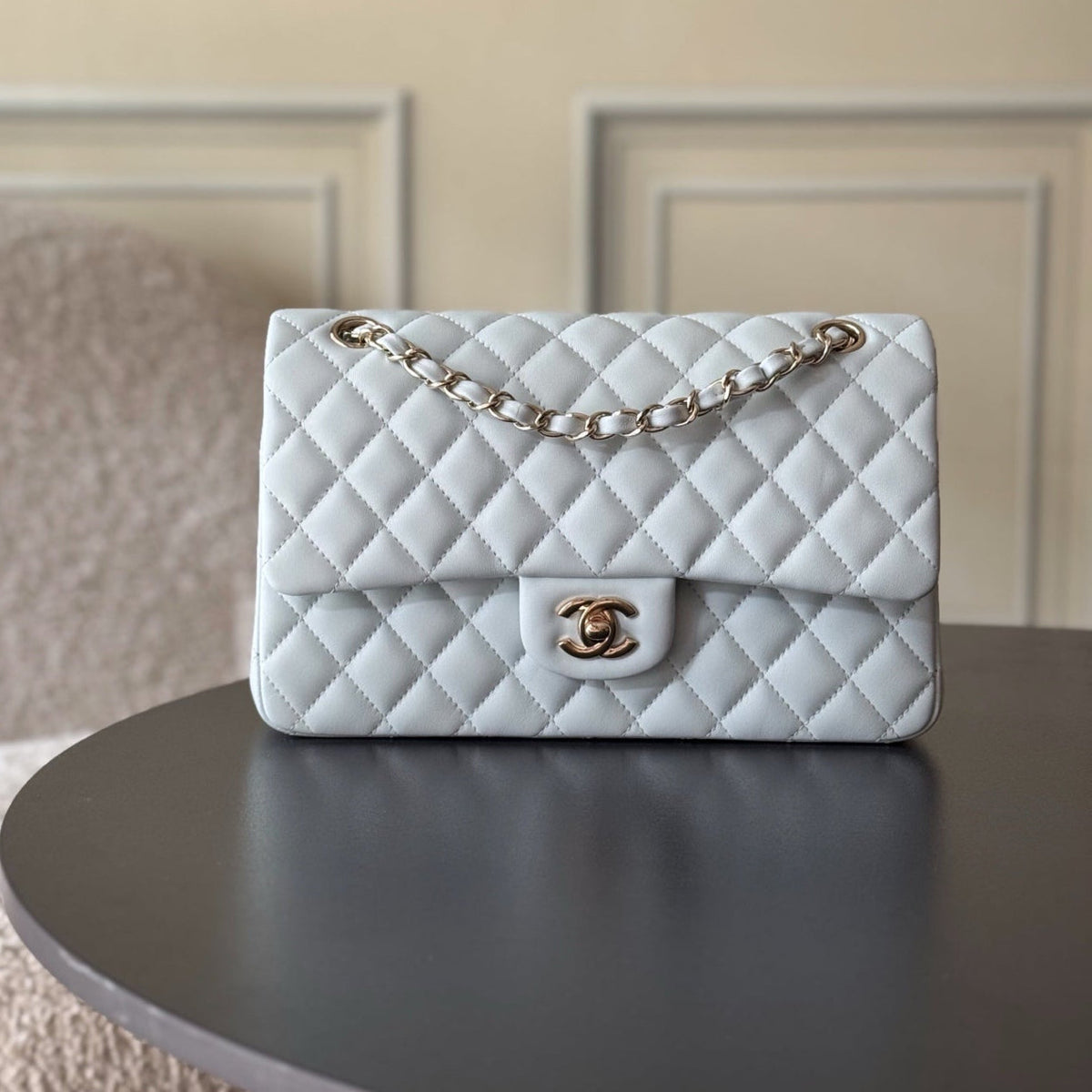 CHANEL 25S CLASSIC FLAP BAG 25 CM IN LIGHT GRAY BLUE LAMBSKIN WITH GOLD HARDWARE