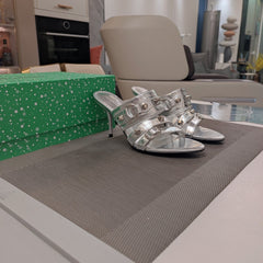 STRAPPY HIGH-HEELED SANDALS IN SILVER STUDDED WAX-OIL SHEEPSKIN