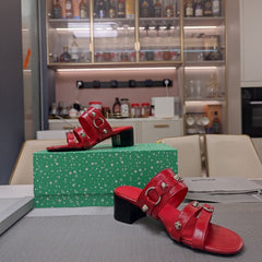 STRAPPY MEDIUM HEELED SANDALS IN RED STUDDED WAX-OIL SHEEPSKIN