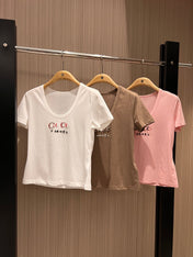 CC Hand-beaded Coco letter U-neck T-shirt Cotton