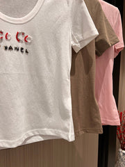 CC Hand-beaded Coco letter U-neck T-shirt Cotton