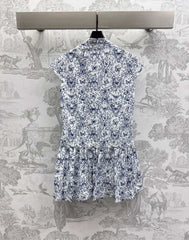 CD Short Dress White Cotton Muslin with Blue Butterfly Motif