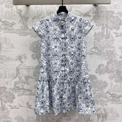 CD Short Dress White Cotton Muslin with Blue Butterfly Motif