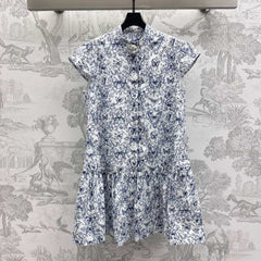 CD Short Dress White Cotton Muslin with Blue Butterfly Motif