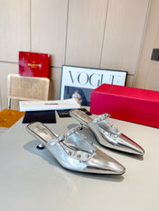 ROCKSTUD CAGED MULES 5 CM IN SILVER CALFSKIN