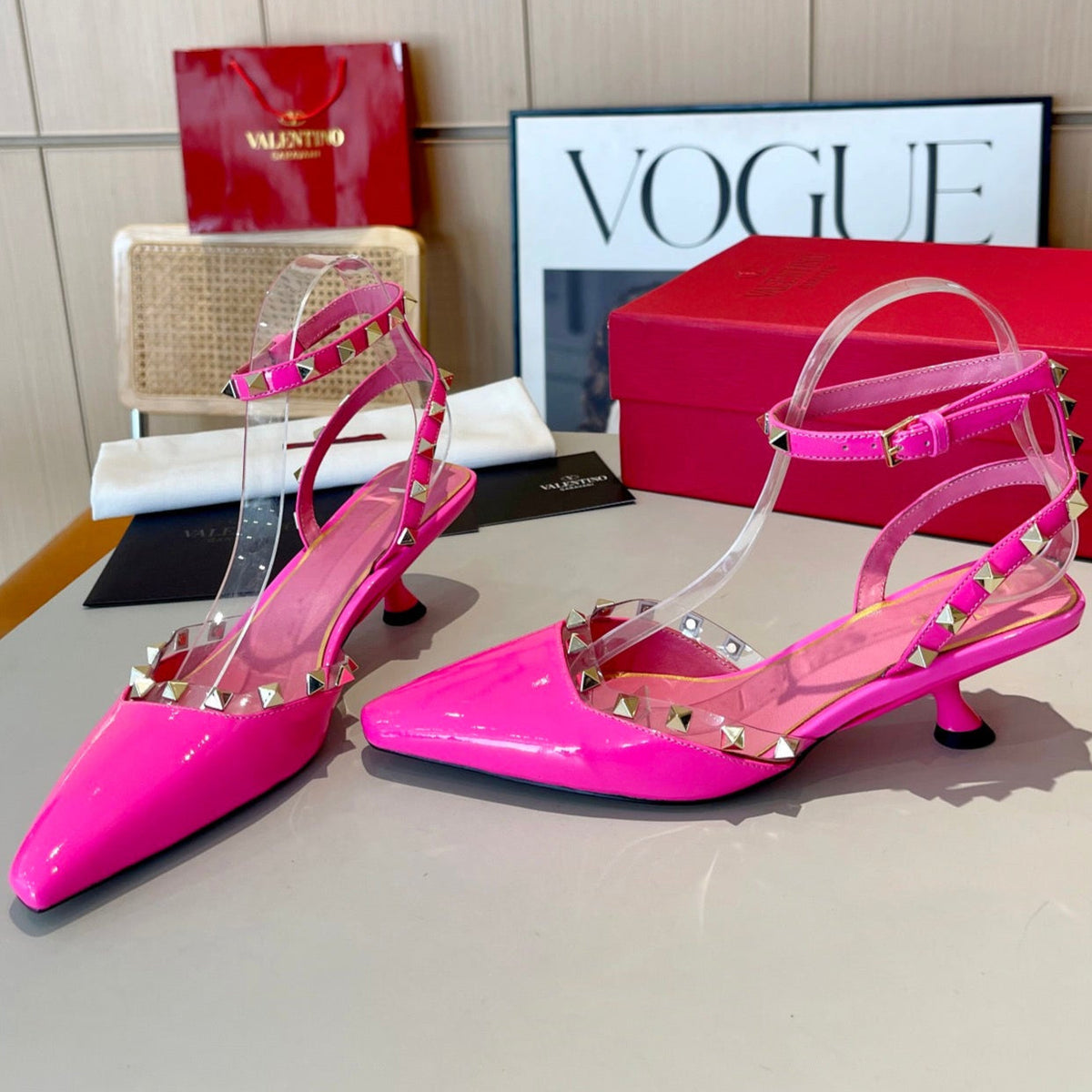 ROCKSTUD CAGED SLINGBACKS 5 CM IN DEEP PINK CALFSKIN