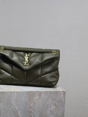 YSL 25S LOULOU PUFFER MM 29 IN DARK OLIVE CALFSKIN GOLD HARDWRE