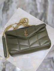YSL 25S LOULOU PUFFER MINI 23 IN DARK OLIVE CALFSKIN GOLD HARDWRE