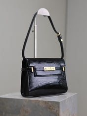 MANHATTAN SMALL 24 IN BLACK CROCODILE PATTERN GLOSSY CALFSKIN GOLD BUCKLE