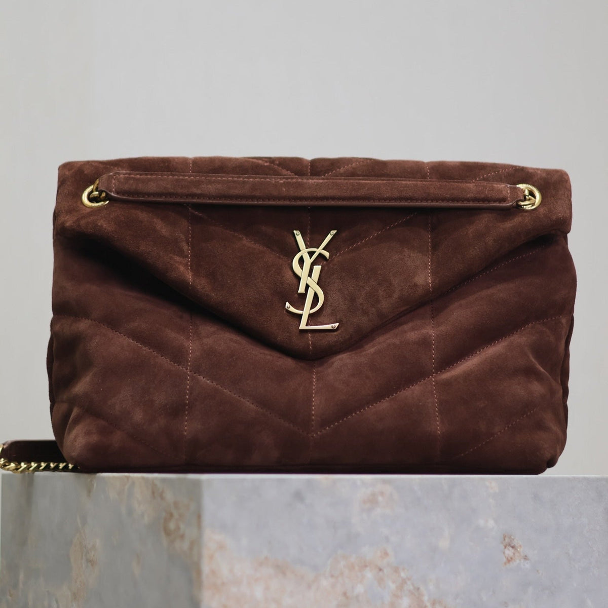 YSL 25S LOULOU PUFFER GM 35 IN DARK BROWN SUEDE GOLD HARDWRE