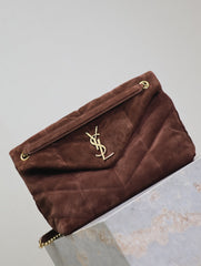 YSL 25S LOULOU PUFFER GM 35 IN DARK BROWN SUEDE GOLD HARDWRE