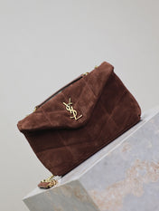 YSL 25S LOULOU PUFFER MINI 23 IN DARK BROWN SUEDE GOLD HARDWARE