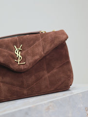 YSL 25S LOULOU PUFFER MINI 23 IN DARK BROWN SUEDE GOLD HARDWRE