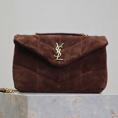 YSL 25S LOULOU PUFFER MINI 23 IN DARK BROWN SUEDE GOLD HARDWRE