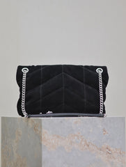 YSL 25S LOULOU PUFFER MM 29 IN BLACK SUEDE SILVER HARDWRE