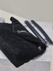 YSL 25S LOULOU PUFFER MM 29 IN BLACK SUEDE SILVER HARDWARE