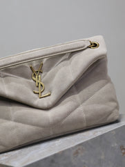 YSL 25S LOULOU PUFFER MM 29 IN SMOKEY TAUPE SUEDE GOLD HARDWARE