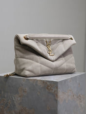 YSL 25S LOULOU PUFFER MM 29 IN SMOKEY TAUPE SUEDE GOLD HARDWARE