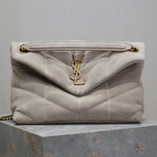 YSL 25S LOULOU PUFFER MM 29 IN SMOKEY TAUPE SUEDE GOLD HARDWARE