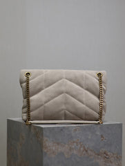 YSL 25S LOULOU PUFFER MM 29 IN SMOKEY TAUPE SUEDE GOLD HARDWRE