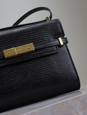 YSL 25S MINI MANHATTAN 19 IN BLACK SHINY CROCODILE CALFSKIN GOLD HARDWARE