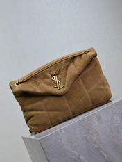 YSL 25S LOULOU PUFFER MM 29 IN TAN BROWN SUEDE GOLD HARDWARE