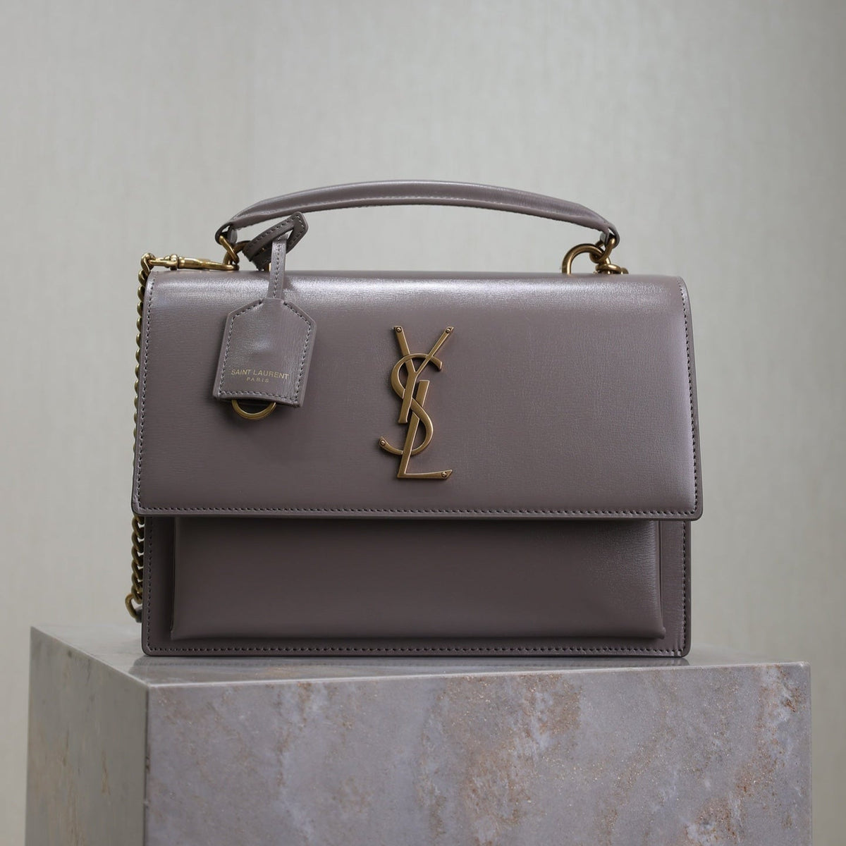 YSL 25S SUNSET MM 25 IN GRAYISH PURPLE CALFSKIN GOLD HARDWARE