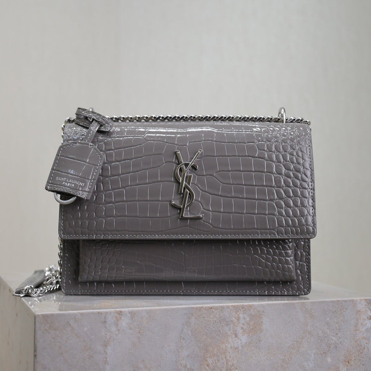 YSL 25S SUNSET MEDIUM 22 IN DARK GRAY CROCODILE-EMBOSSED SHINY CALFSKIN SILVER HARDWARE