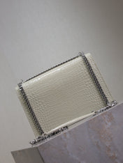 YSL 25S SUNSET MEDIUM 22 IN IVORY CROCODILE-EMBOSSED SHINY CALFSKIN SILVER HARDWRE