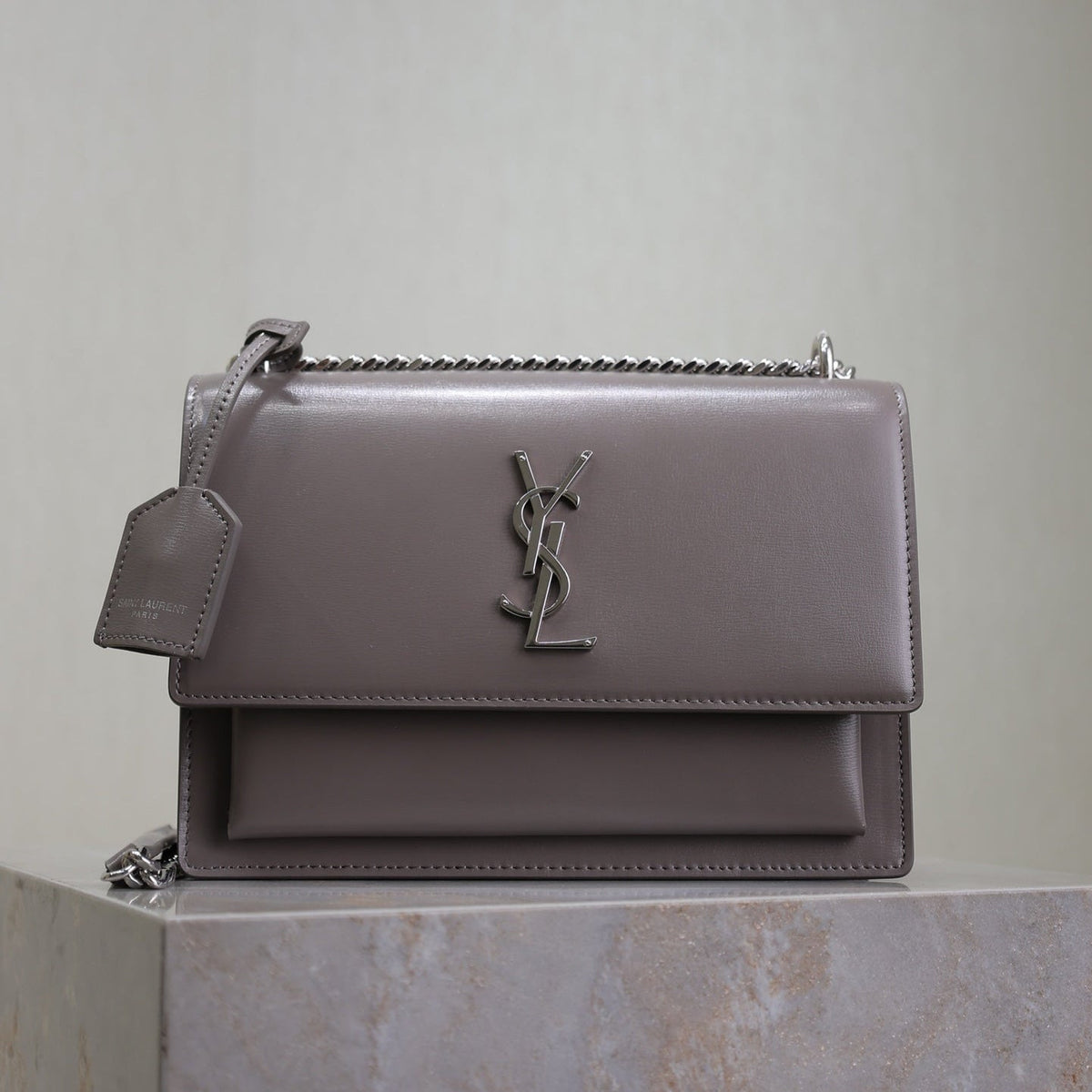 YSL 25S SUNSET BAG 22 IN DARK PURPLE CALFSKIN SILVER HARDWRE