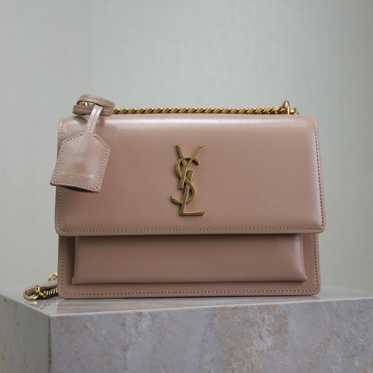 YSL 25S SUNSET BAG 22 IN WARM TAUPE PINK CALFSKIN GOLD HARDWRE