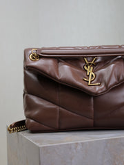 YSL 25S LOULOU PUFFER MM 29 IN DARK BROWN CALFSKIN GOLD HARDWRE