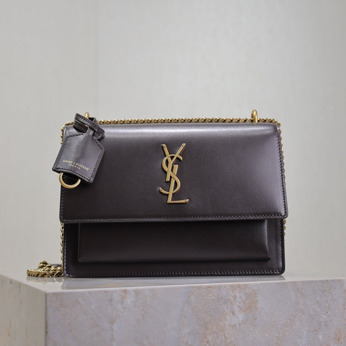 YSL 25S SUNSET BAG 22 IN DARK PURPLE CALFSKIN GOLD HARDWRE