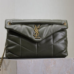 YSL 25S LOULOU PUFFER GM 35 IN DARK OLIVE CALFSKIN GOLD HARDWARE