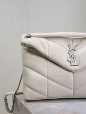 YSL 25S LOULOU PUFFER GM 35 IN SMOKEY TAUPE CALFSKIN SILVER HARDWARE