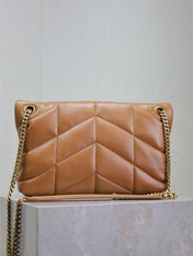 YSL 25S LOULOU PUFFER MM 29 IN CARAMEL CALFSKIN GOLD HARDWARE