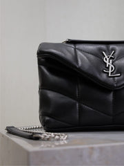 YSL 25S LOULOU PUFFER MINI 23 IN BLACK CALFSKIN SILVER HARDWRE