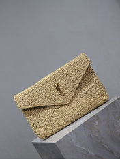 YSL 25S CASSANDRE LARGE ENVELOPE POUCH 29 IN NATURAL RAFFIA GOLD HARDWARE