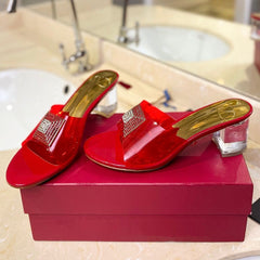 HIGH MULE 60MM IN CHERRY RED SHEEPSKIN AND TRANSPARENT PVC