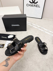 CHANEL 26S DOUBLE STRAP SLIDE SANDALS IN BLACK CALFSKIN