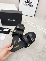 CHANEL 26S DOUBLE STRAP SLIDE SANDALS IN BLACK CALFSKIN