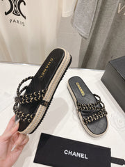 WOVEN STRAP SLIPPERS IN BLACK LAMBSKIN