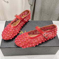 ALAIA PEARL MARY JANE SHOES IN CHERRY RED MESH AND CALFSKIN